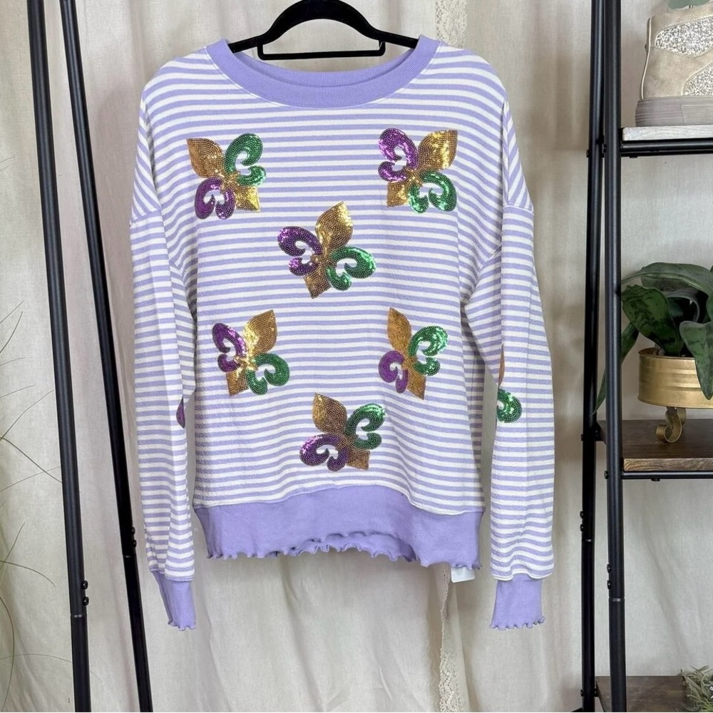 Striped Sweater with Sequin Fleur-de-Lis
